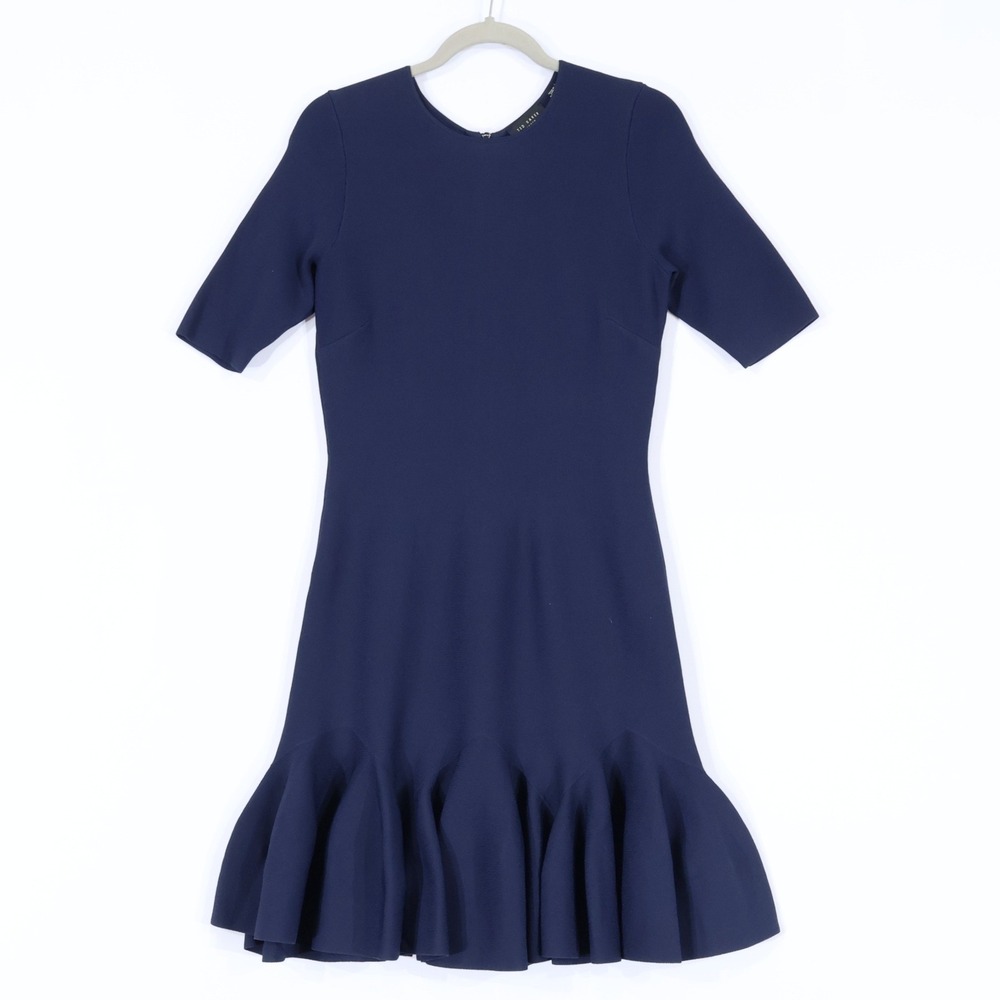 Ted Baker Alzann Fit and Flare Dress Womens 2 Dark Blue Fluted Hem Career Work